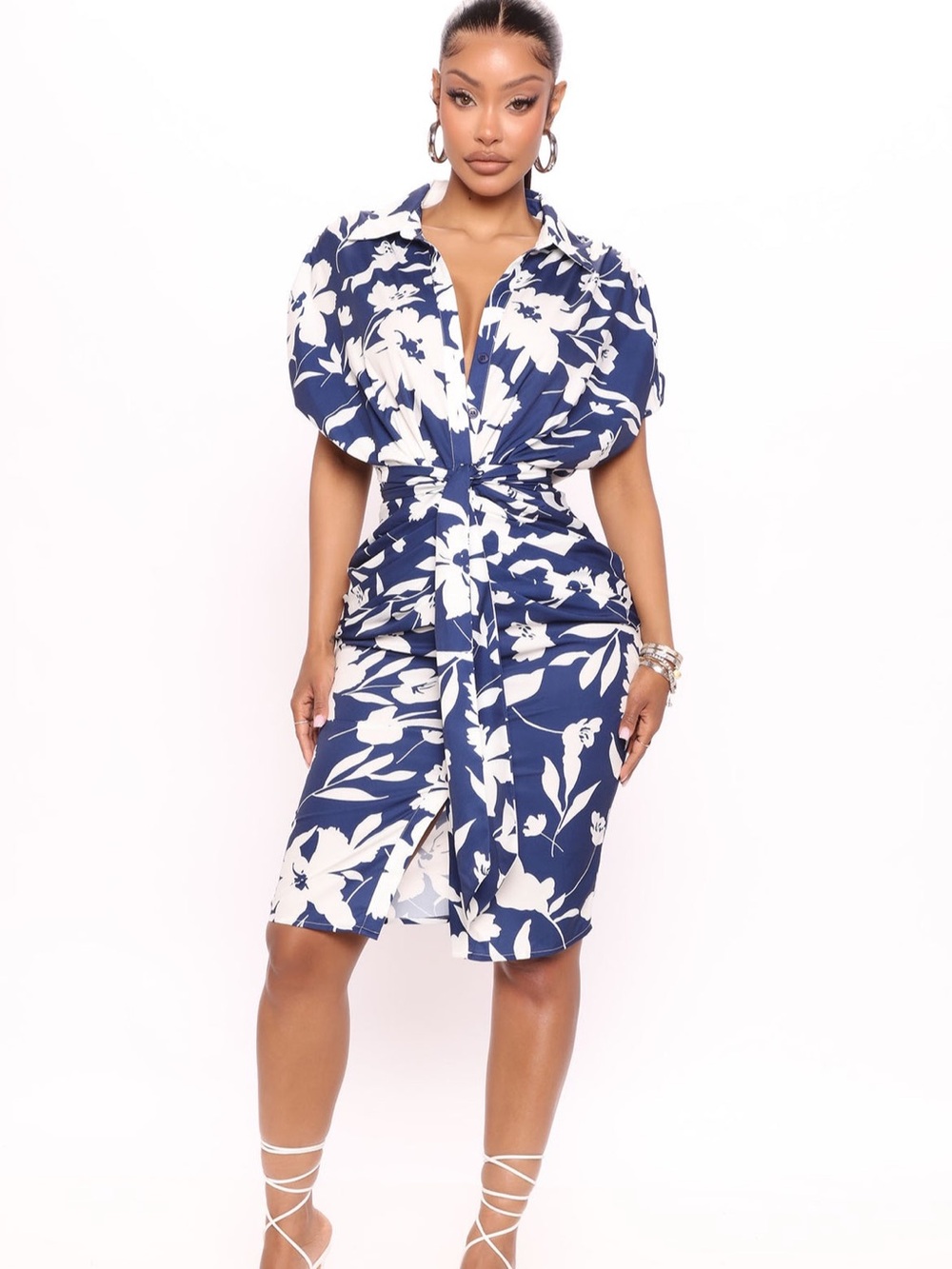 Fashion Nova Navy and White Floral Tie-Front Shirt Dress